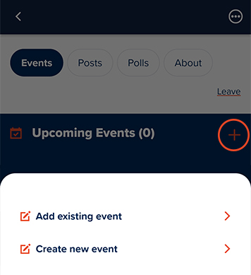 Create events in a group by adding the existing event or create a new one