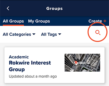 Tap the magnifier icon to search for existing groups
