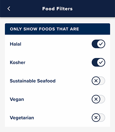 On the food filter page, select a diet type to narrow dining menus down to only show food of that diet type