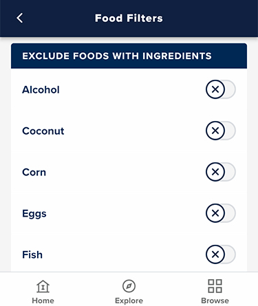 On the food filter page, select the ingredients that you would not like the dining menu to show
