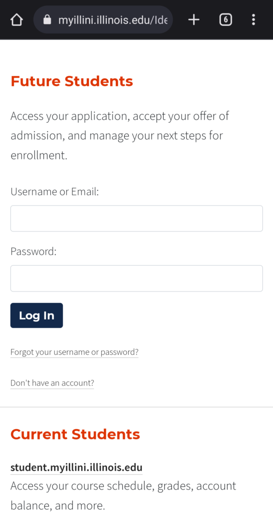 The login page of myillini