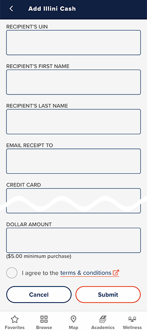 The form for adding Illini cash on the Illinois app
