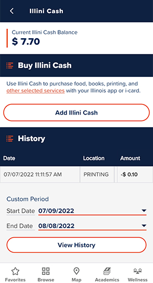Illini cash screen showing ones Illini Cash balance