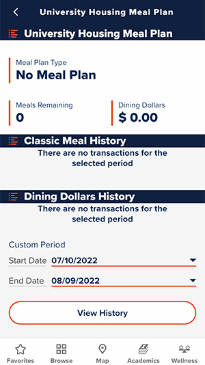 University housing meal plan page showing meal plan type and balance