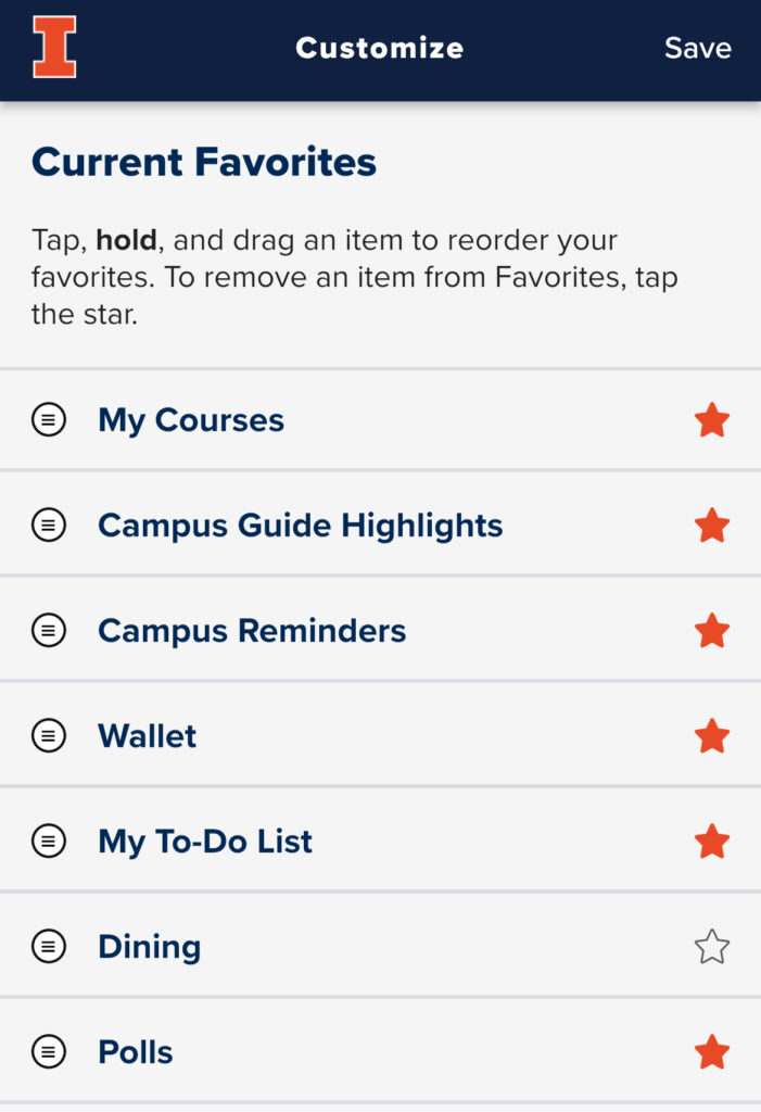 Tap the star to add or remove an item.