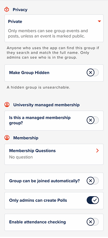 Screen of Group settings about privacy and membership