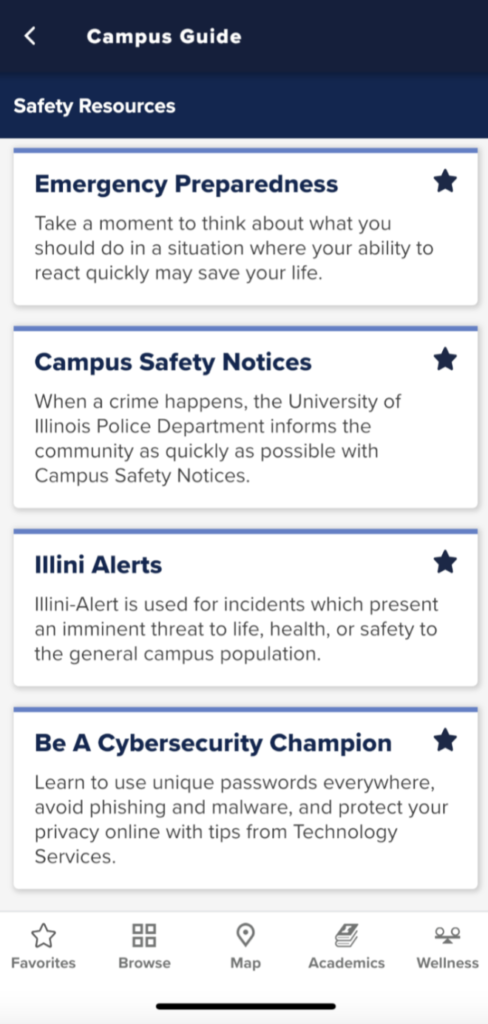 Screenshot of the campus safety resources on the Illinois app.