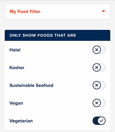 Food types and ingredient list in the settings.