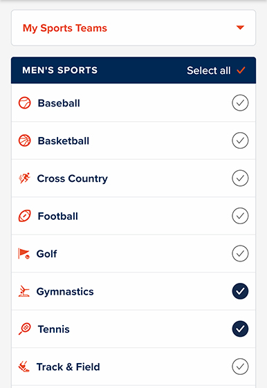 A list of sports in the My Sport Teams in the Settings.
