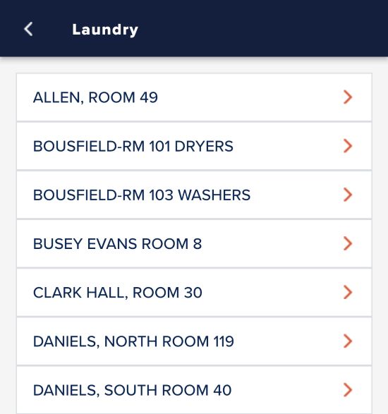  A list of laundry rooms in the University housing.