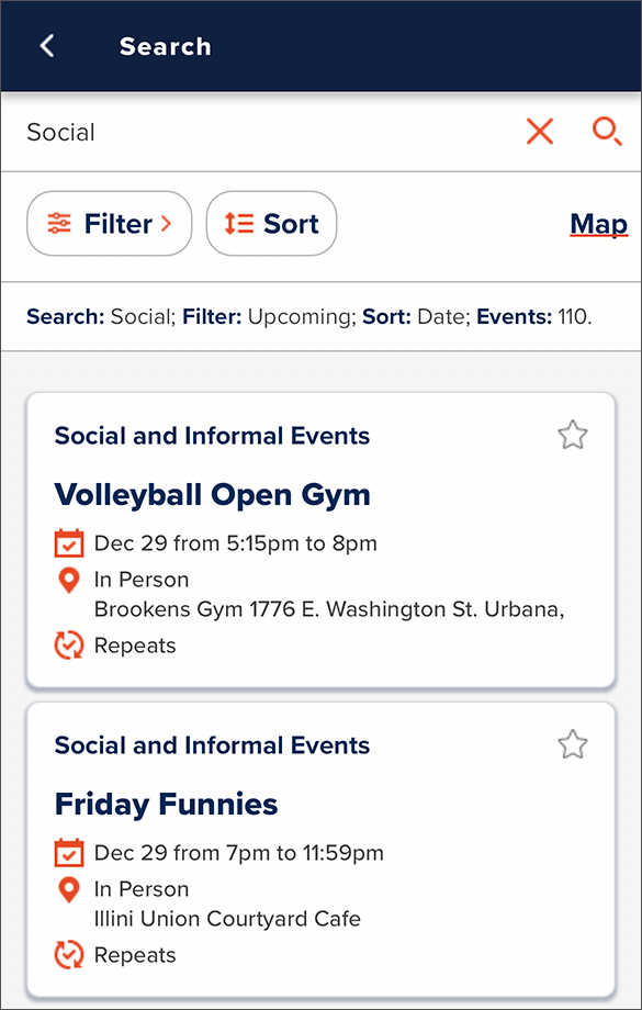 Search upcoming social programs in Events with its Search and Filter features.