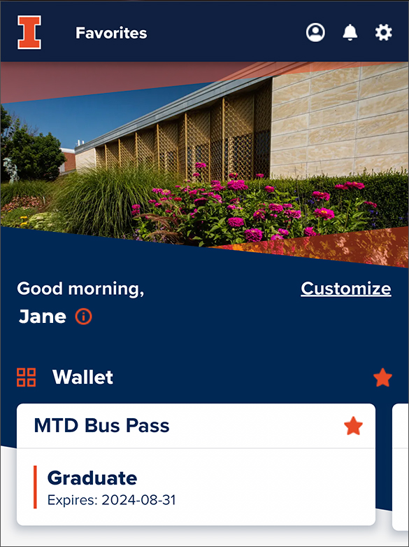 The Favorite page of the Illinois app shows only Wallet for first time users.