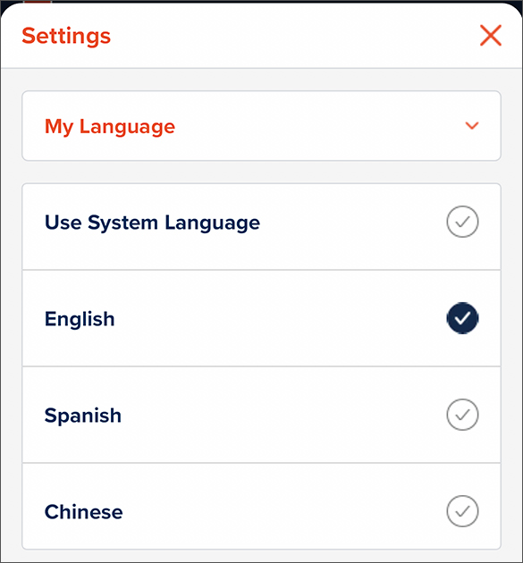 My Language setting in the Illinois app allows users to choose using the system language or others for the app.