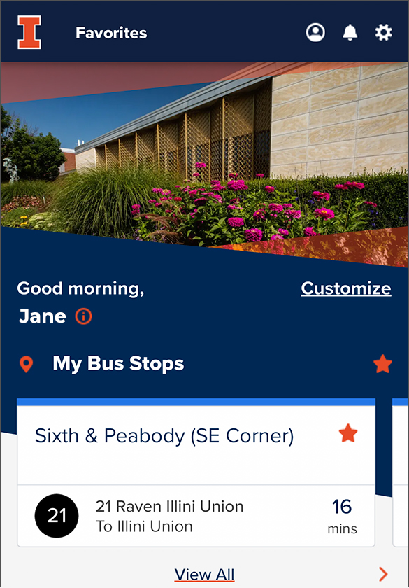 View real-time schedule of My Bus Stops on Favorites page.
